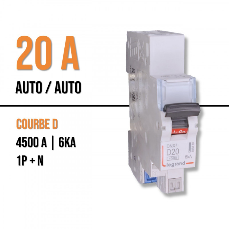 Disjoncteur 20A - Courbe D - DNX³ 4500 - auto/auto - U+N 230V~ - 4,5kA - 1  module - Legrand - 406810