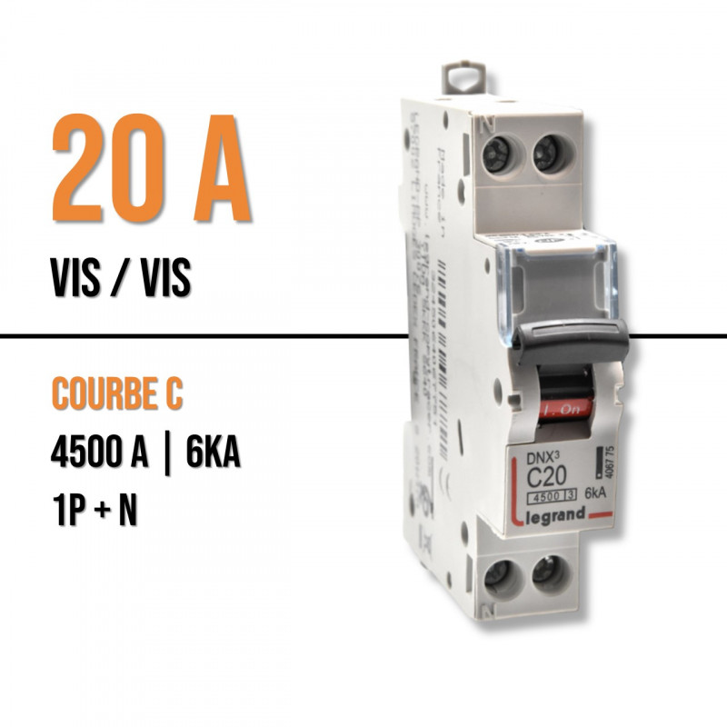 Disjoncteur 20A - Courbe C - DNX³ 4500 - vis/vis - U+N 230V~ - 4,5kA - 1  module - Legrand - 406775