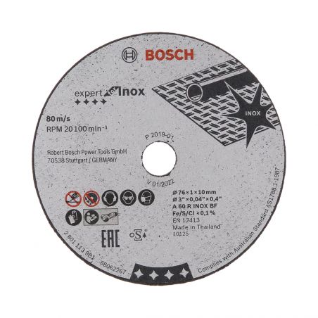 Disque à tronçonner Expert for Inox A 60 R INOX BF- 76 mm- 1 mm- 10 mm- Pack de 5- Pour meuleuses an - Bosch - 2608601520