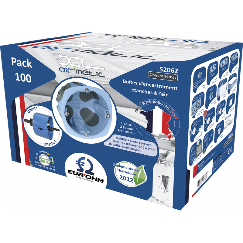 Pack 100 boites d'encastrement placo AIR'metic d67 p40 - scie cloche  offerte - Eur Ohm - 52062